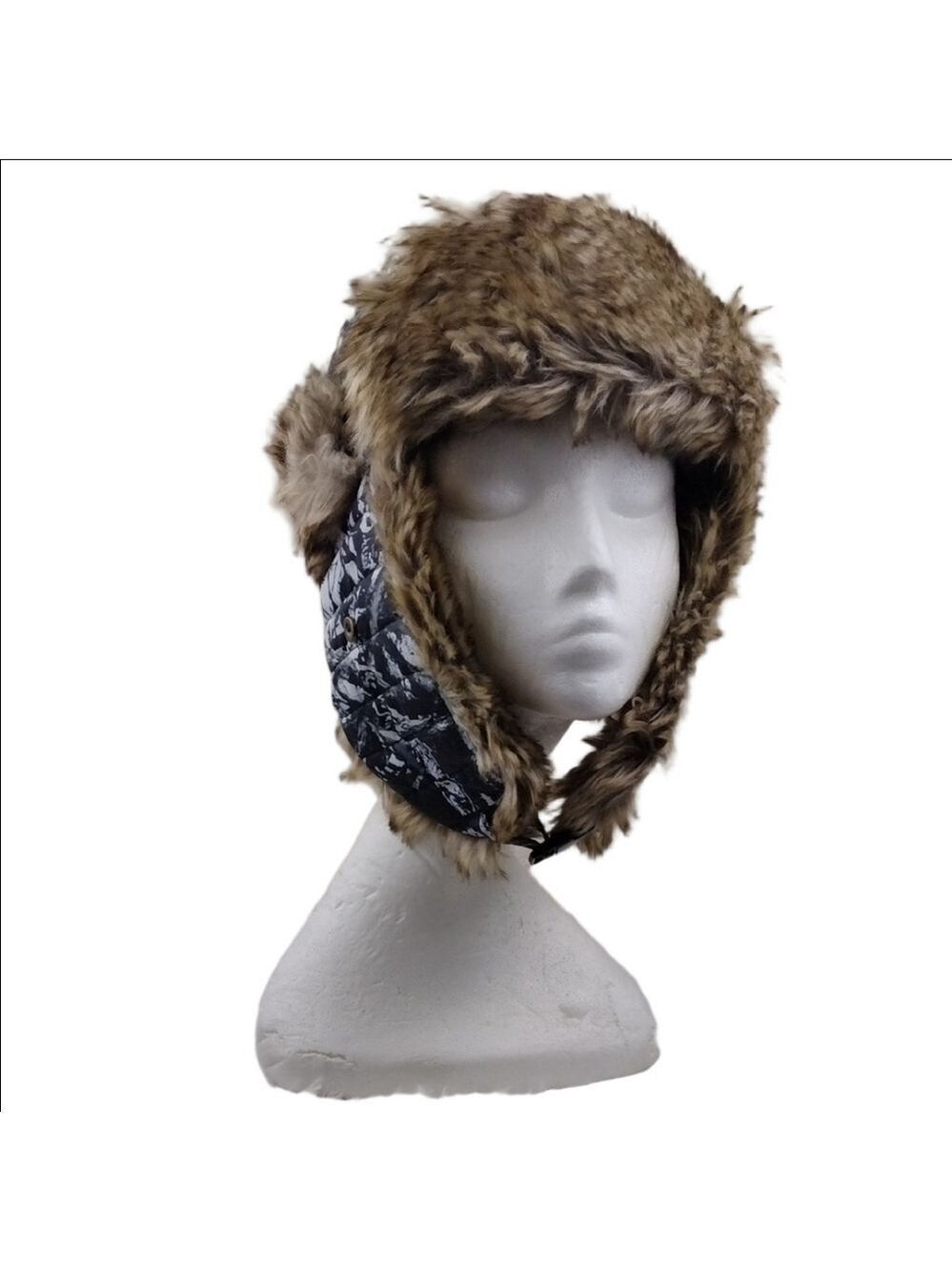3M Thinsulate Black White Geometric Pattern Brown Faux Fur Detail Trapper Hat